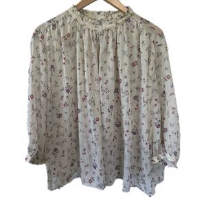 Uniqlo Joy Of Print Sheer Floral High Neck Ruffle Quarter Sleeve Chiffon Blouse